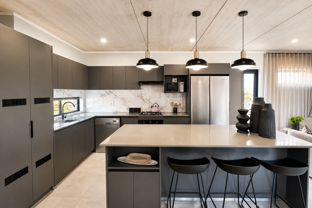 Modern open-plan kitchen featuring dark cabinetry, stone countertops, a central island with breakfast bar, integrated appliances, and stylish pendant lighting.