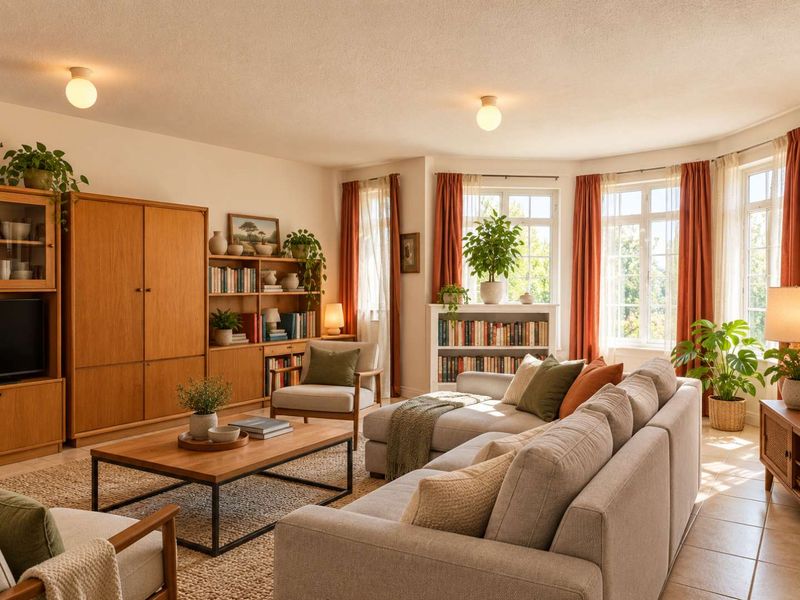 A bright and inviting living room featuring large bay windows, tiled flooring, and warm ambient lighting, creating a comfortable and well-maintained living space.