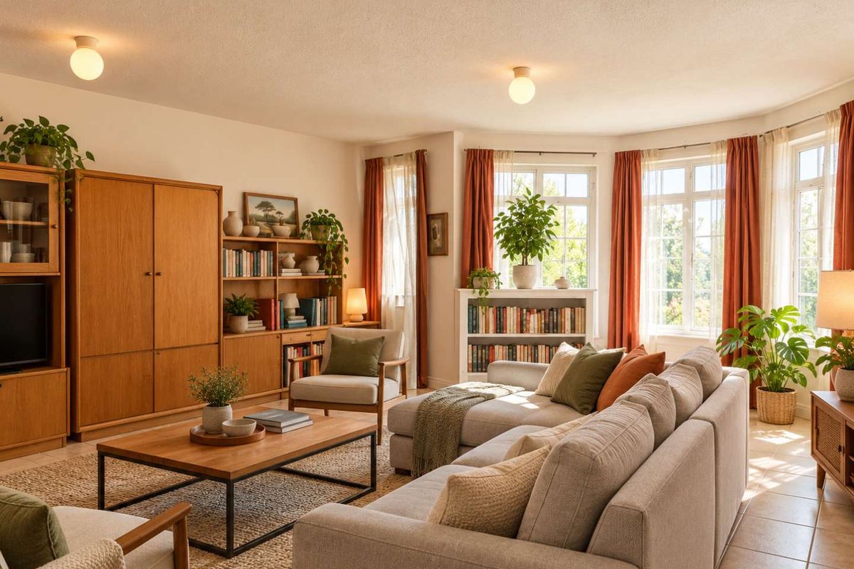 A bright and inviting living room featuring large bay windows, tiled flooring, and warm ambient lighting, creating a comfortable and well-maintained living space.