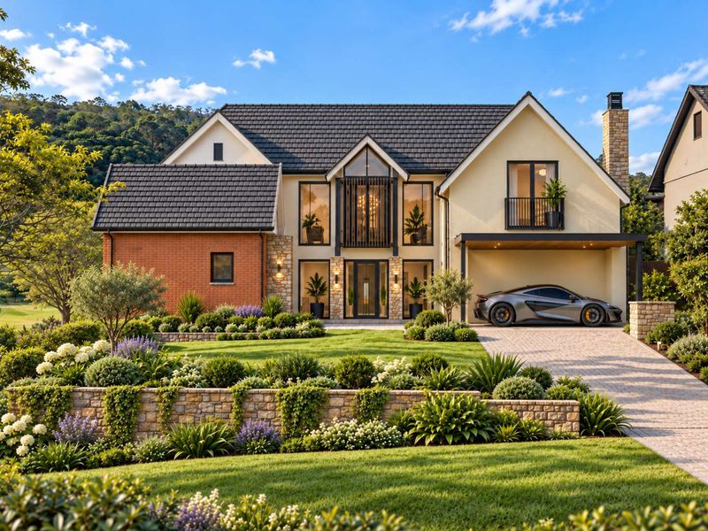 A beautifully landscaped front exterior of a modern luxury residence featuring a stone retaining wall, paver driveway, and a covered carport.