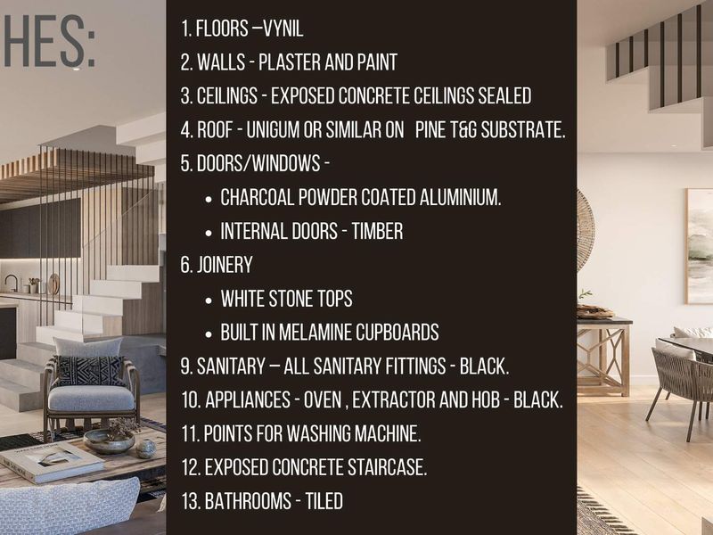 A modern open-plan living and kitchen area featuring an exposed concrete staircase, contemporary black fixtures, and high-quality finishes throughout.