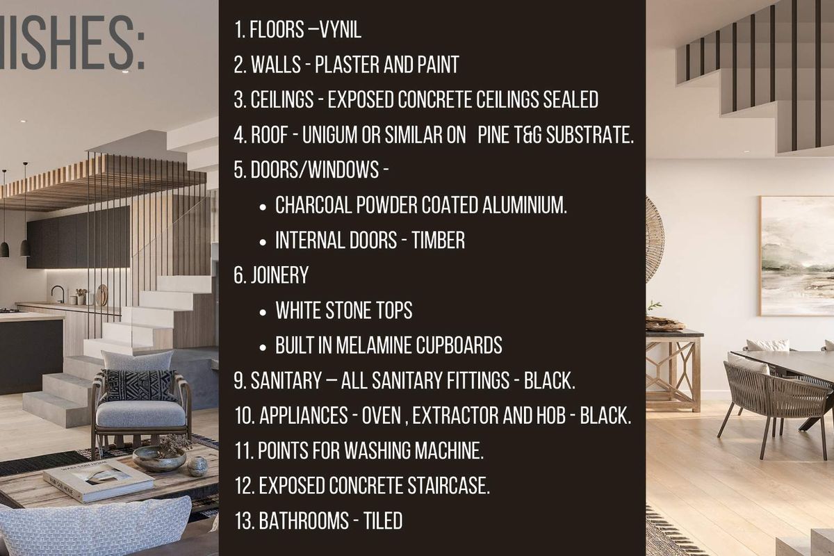 A modern open-plan living and kitchen area featuring an exposed concrete staircase, contemporary black fixtures, and high-quality finishes throughout.