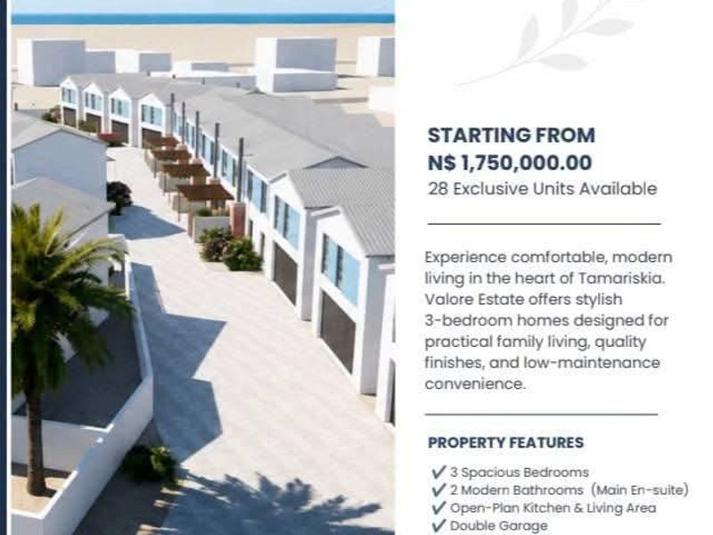 Aerial view of Valora Estate residential development in Tamariskia, Swakopmund, showcasing modern 3-bedroom homes with double garages and private outdoor spaces.