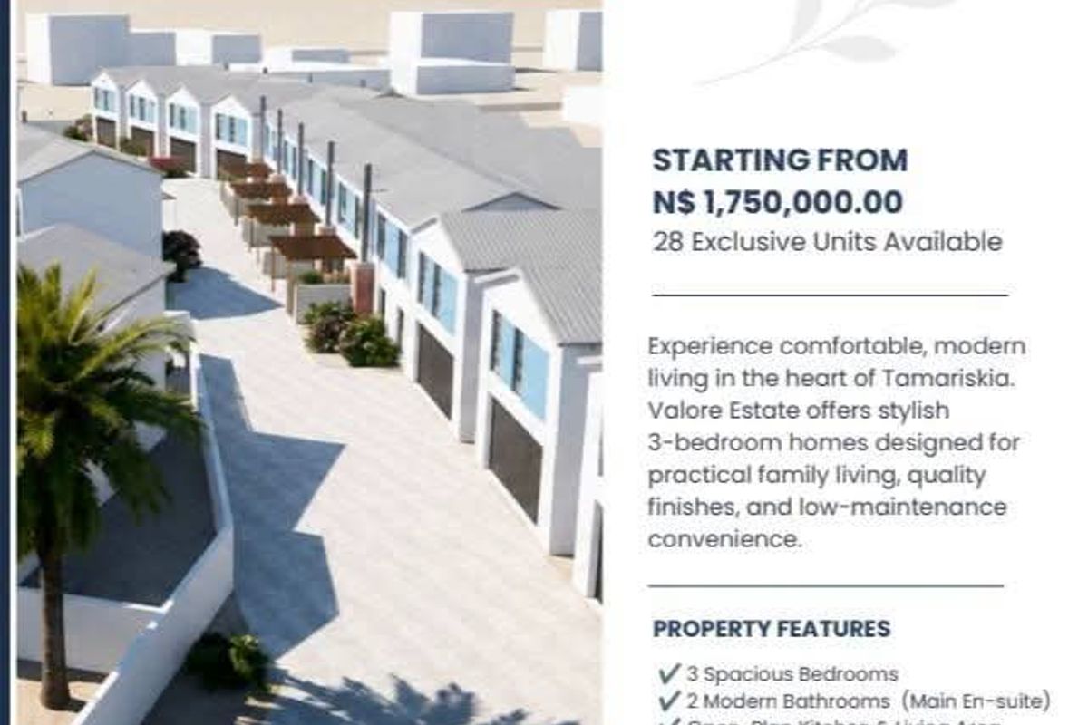 Aerial view of Valora Estate residential development in Tamariskia, Swakopmund, showcasing modern 3-bedroom homes with double garages and private outdoor spaces.