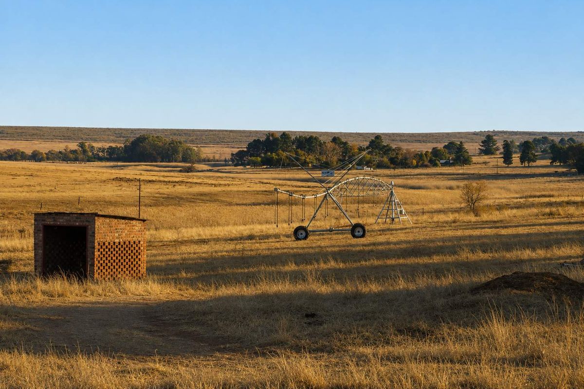Expansive farm landscape featuring a functional irrigation pivot system and a small brick utility structure set within open grazing land.
