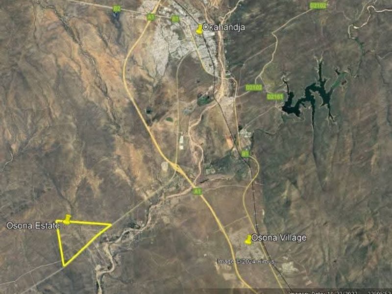 An aerial satellite view showing the location of Osona Estate in relation to Okahandja and Osona Village.