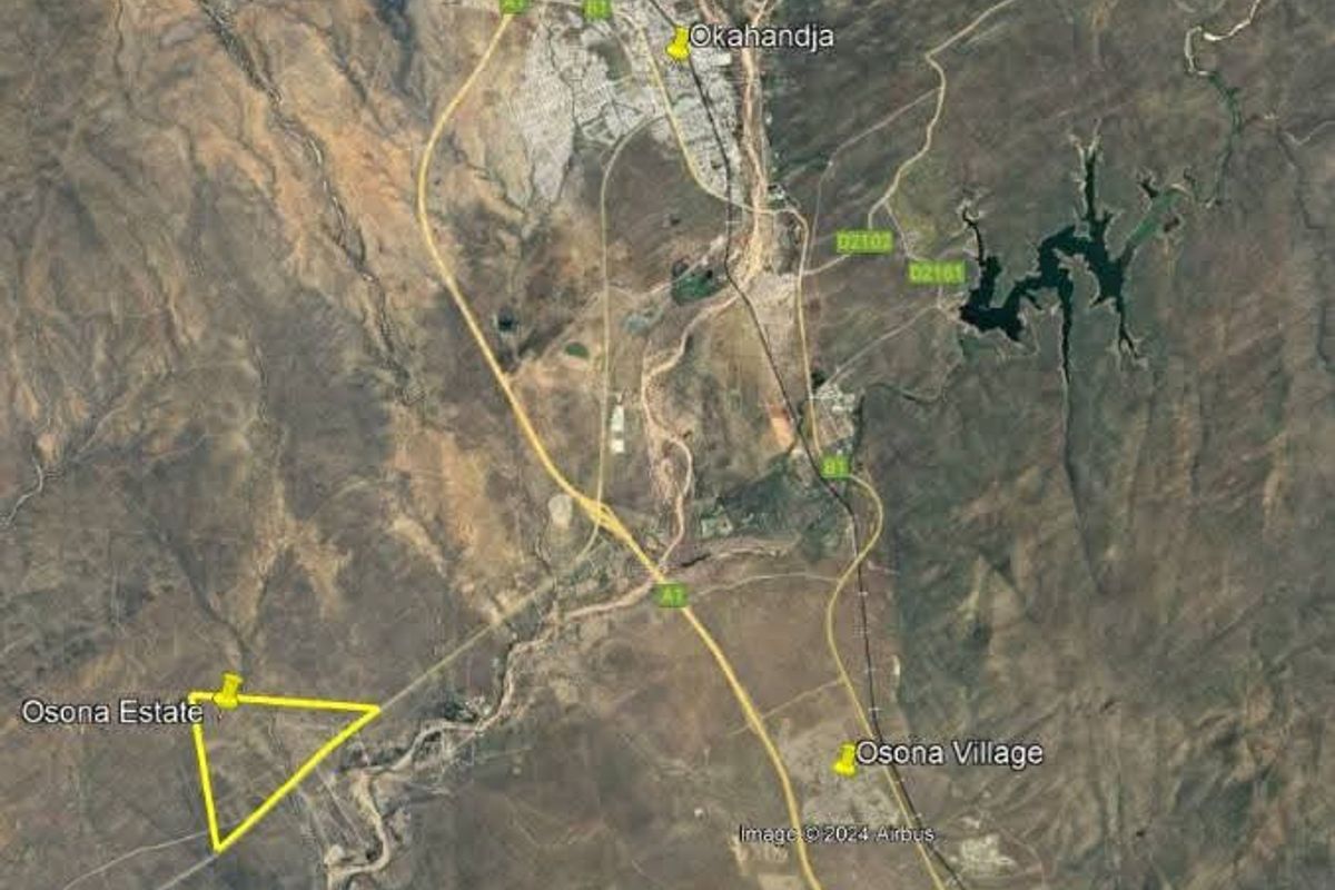An aerial satellite view showing the location of Osona Estate in relation to Okahandja and Osona Village.