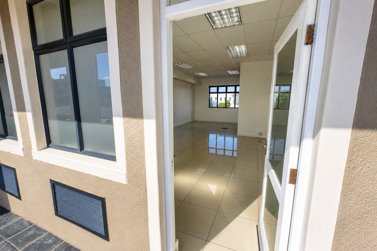 A bright, vacant office space featuring polished tiled flooring, a suspended ceiling with recessed lighting, and large windows providing ample natural light.