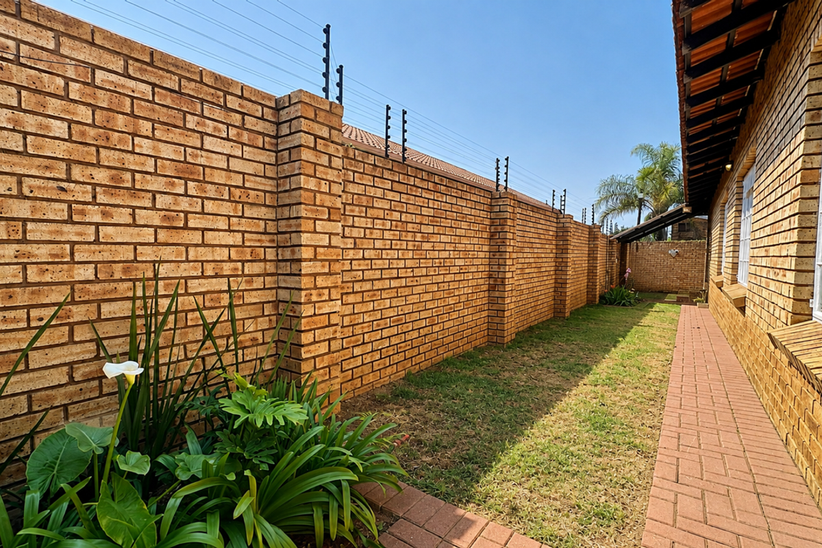 A well-maintained rear exterior area featuring a face brick boundary wall with electric fencing, a paved walkway, and a neat lawn.