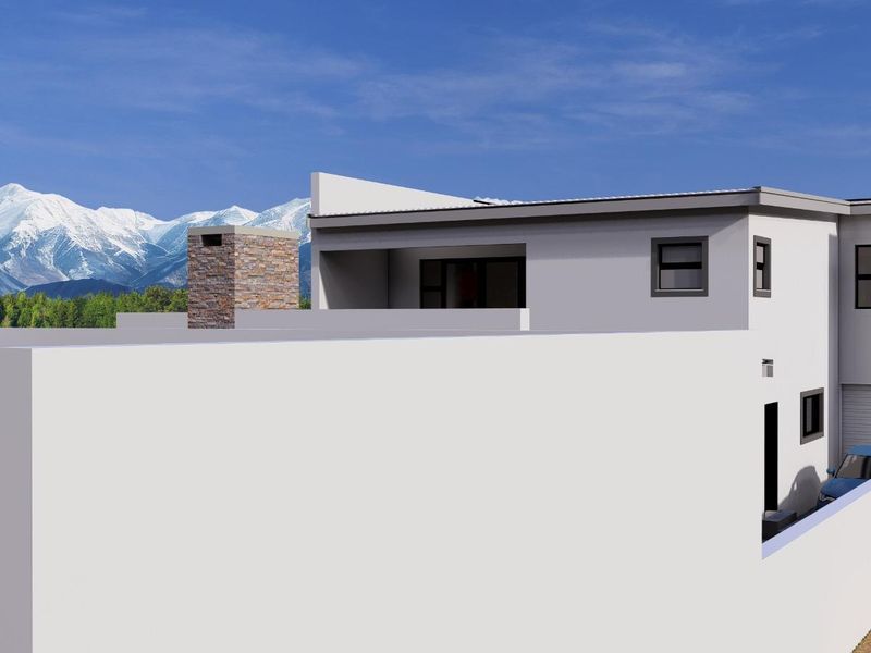 A modern architectural rendering of the rear elevation featuring a stone-clad chimney, flat roof design, and integrated garage access.