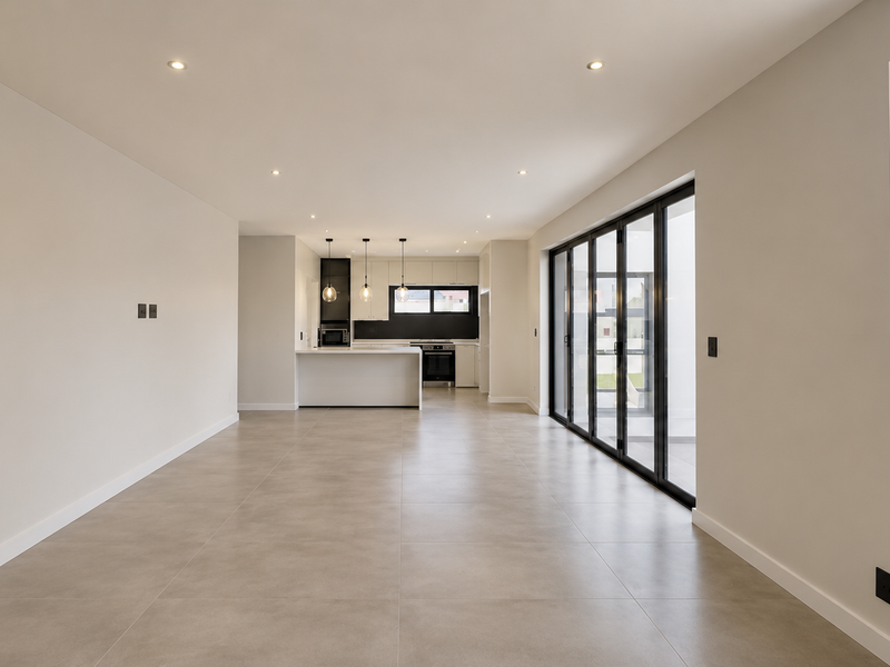 Spacious open-plan living and kitchen area featuring large format floor tiles, modern cabinetry, and expansive black-framed stacker doors leading to the outdoors.