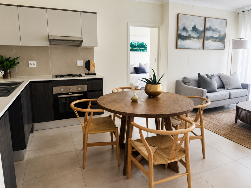 Modern open-plan kitchen and dining area featuring sleek cabinetry, integrated appliances, stone countertops, and neutral tiled flooring, flowing into a comfortable living space.