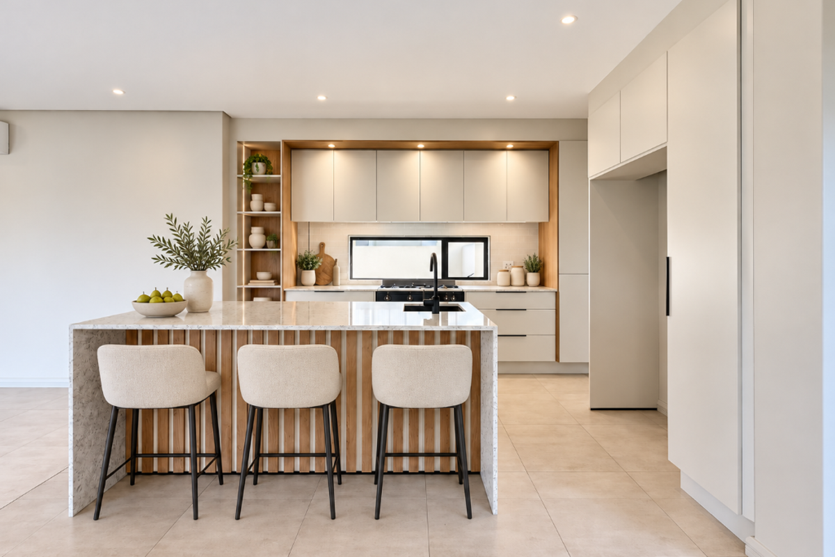 Modern kitchen featuring a central island with stone countertop, sleek handleless cabinetry, integrated appliances, and warm timber accents with recessed lighting.