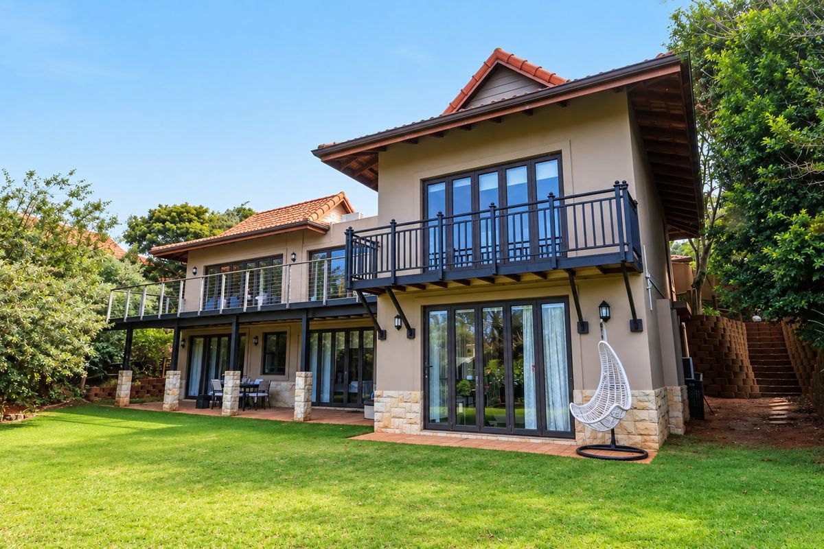Rear view of a two-story house featuring a covered patio, upper balcony, stone cladding, and folding glass doors overlooking a landscaped garden.