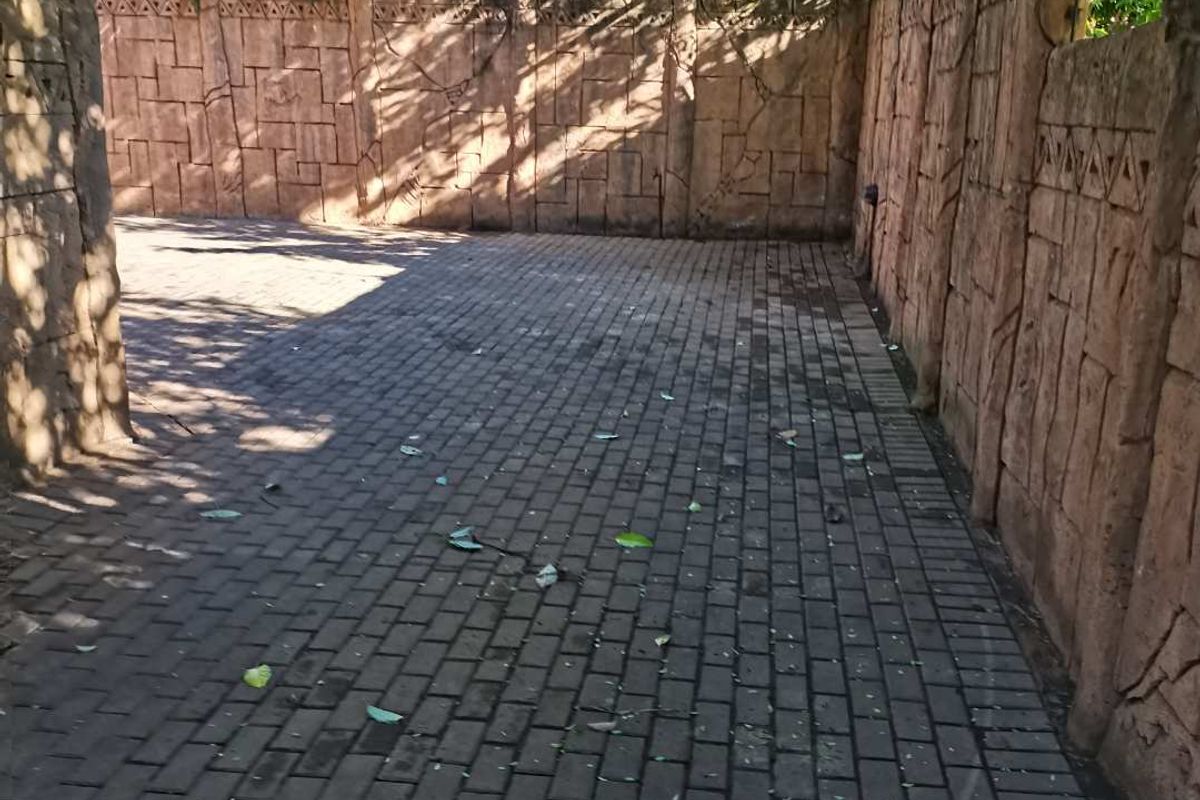 A private paved courtyard area enclosed by decorative textured boundary walls, offering a secluded outdoor space.