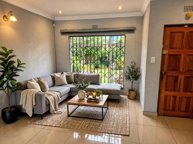 A well-maintained living room featuring tiled flooring, recessed lighting, decorative coving, and a large window with a security gate overlooking the garden.