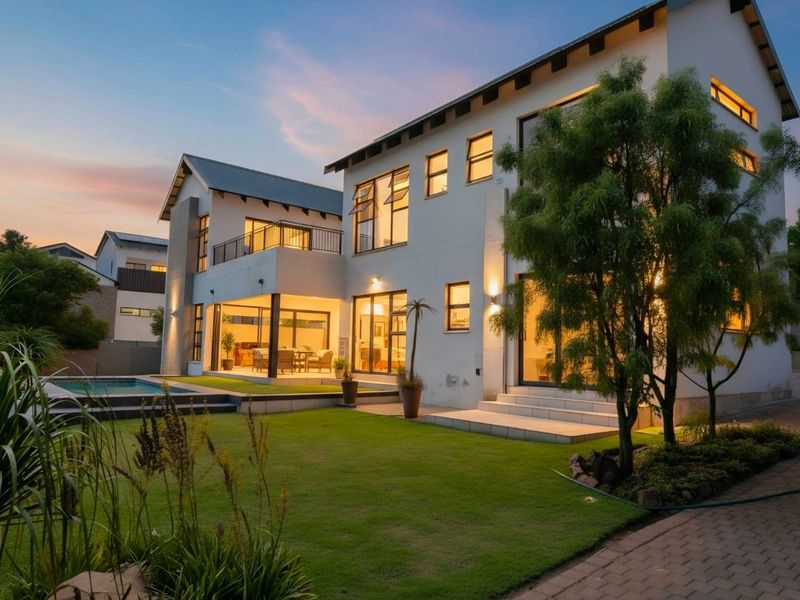 A beautifully presented rear elevation featuring a landscaped garden, swimming pool, covered patio, and balcony, showcasing modern architectural design and evening lighting.