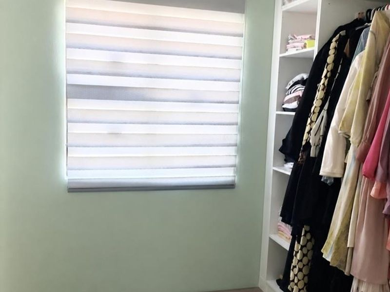 A well-maintained bedroom featuring light green walls, laminate flooring, a modern roller blind, and a spacious built-in wardrobe with shelving and hanging space.
