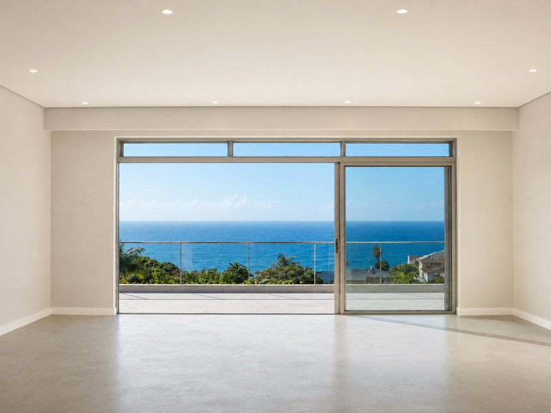 Spacious, modern living area featuring polished concrete floors, recessed lighting, and large sliding glass doors opening to a balcony with expansive ocean views.