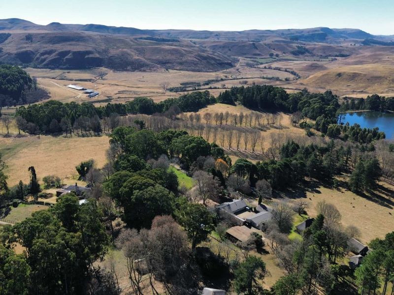 An expansive aerial view of the farm property, showcasing rolling hills, mature trees, open pastures, and a private dam.