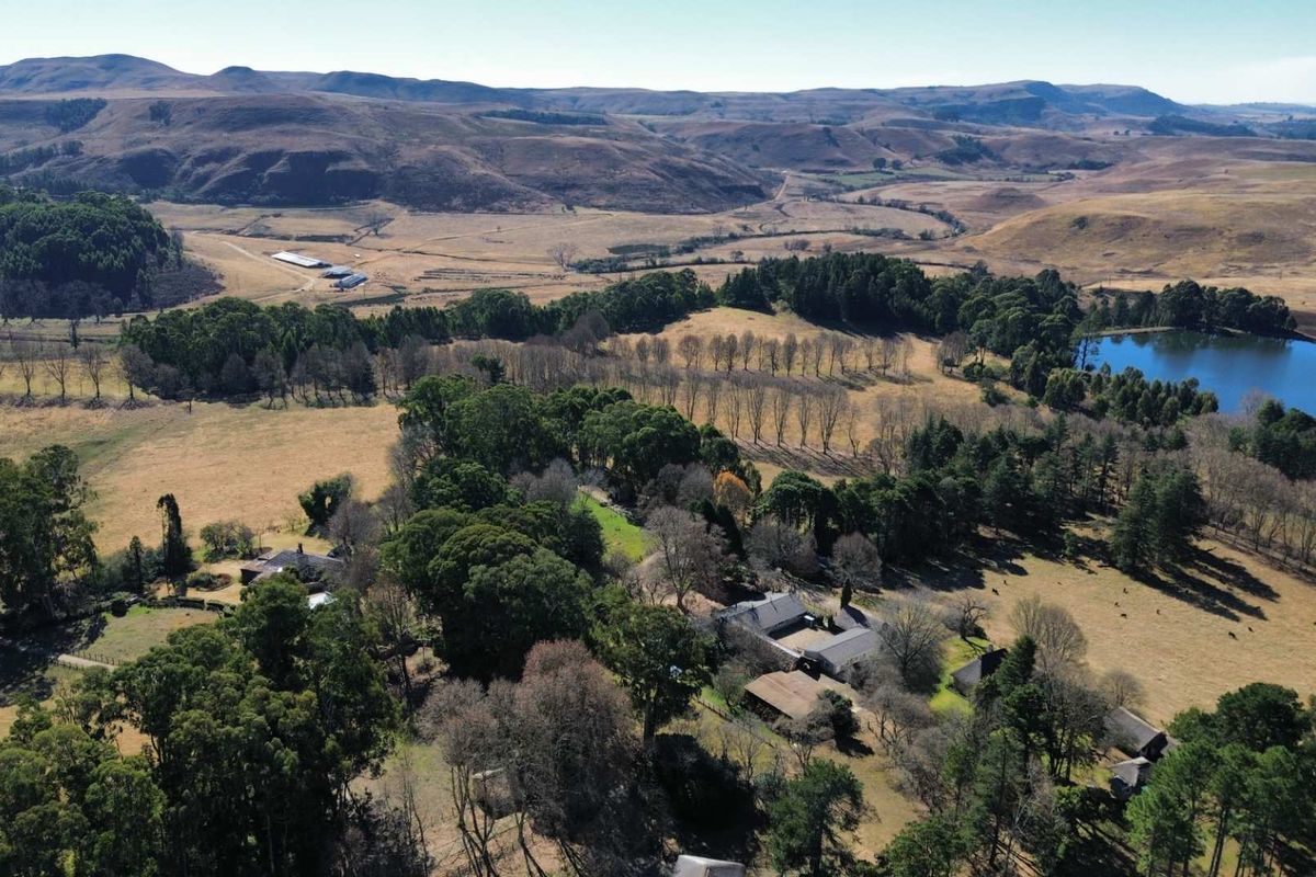 An expansive aerial view of the farm property, showcasing rolling hills, mature trees, open pastures, and a private dam.