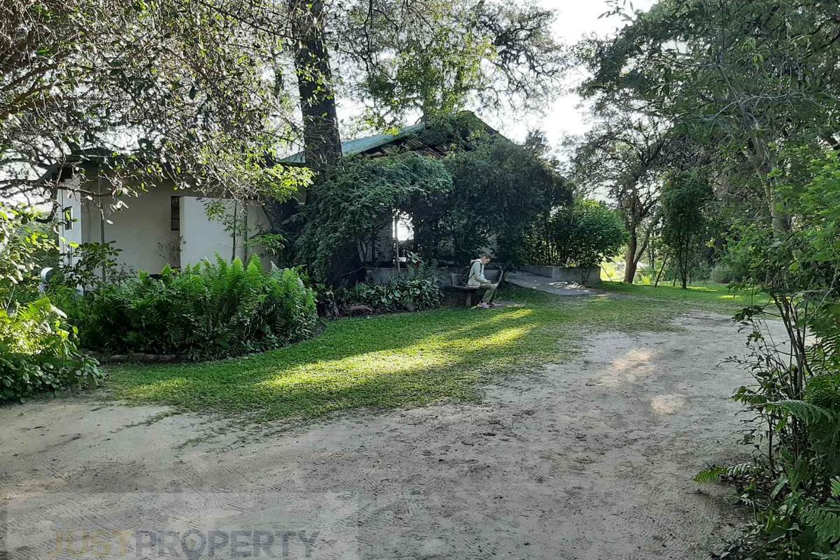 A view of the lodge exterior featuring a natural garden setting with mature trees and a pathway leading to the building entrance.