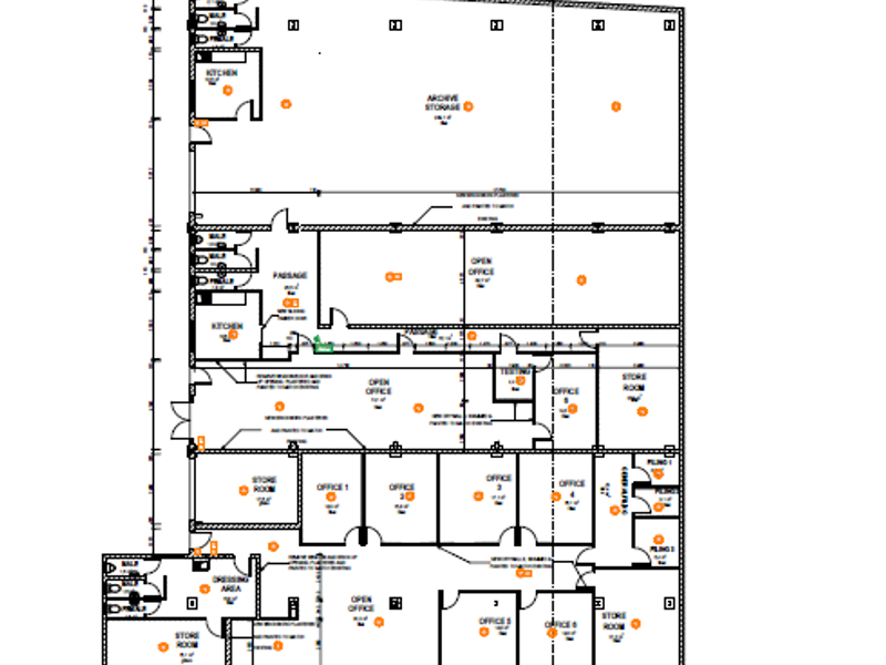 A detailed architectural floor plan for Building 3, showcasing the layout of offices, storage areas, kitchens, and passage ways.