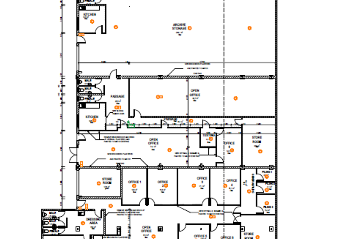 A detailed architectural floor plan for Building 3, showcasing the layout of offices, storage areas, kitchens, and passage ways.