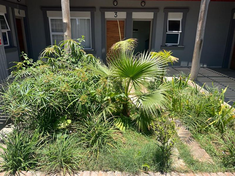 A rear exterior view of an apartment complex featuring a shared walkway, timber support posts, and a central garden area with established landscaping.
