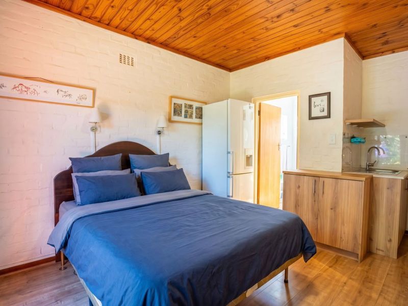 Open-plan studio apartment featuring a kitchenette with built-in cabinetry, timber ceiling, and painted brick walls, offering a functional living and sleeping space.