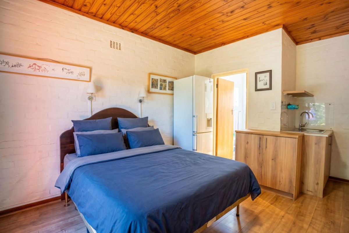 Open-plan studio apartment featuring a kitchenette with built-in cabinetry, timber ceiling, and painted brick walls, offering a functional living and sleeping space.