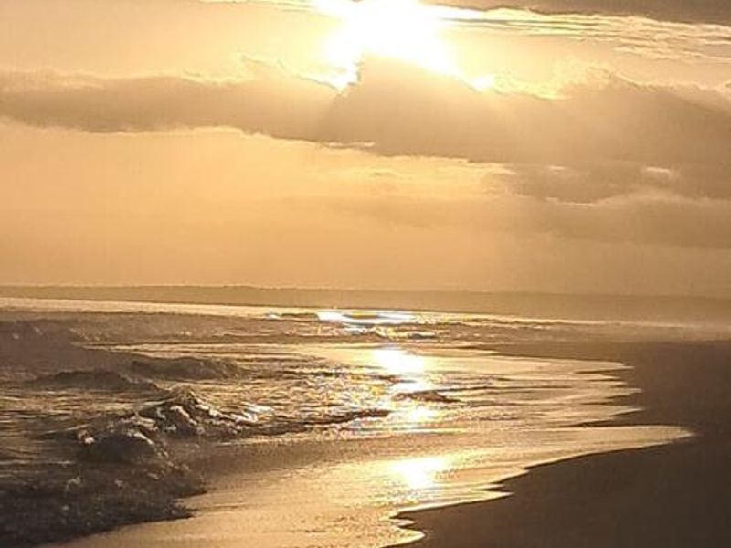 A scenic view of the coastline at sunset, highlighting the natural landscape and beach setting.