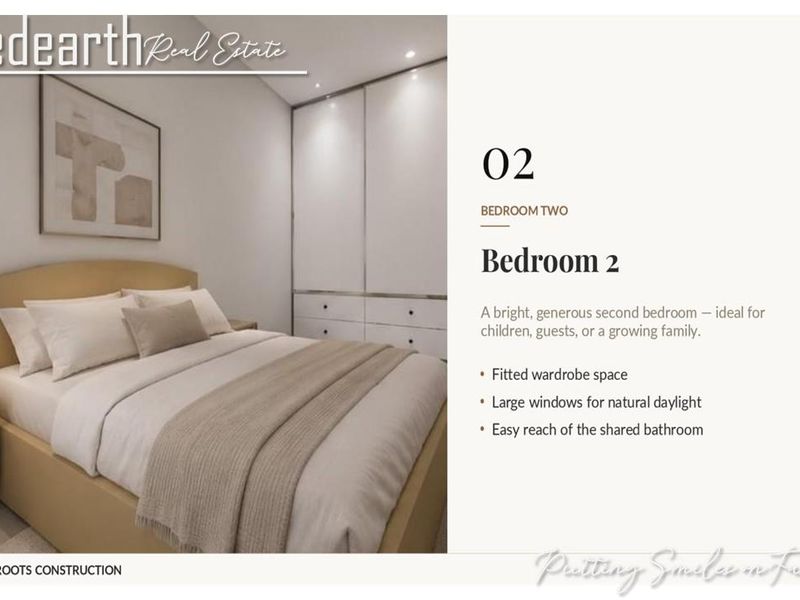 A well-lit bedroom featuring modern built-in wardrobes and recessed ceiling lighting, presented as part of a property marketing brochure.