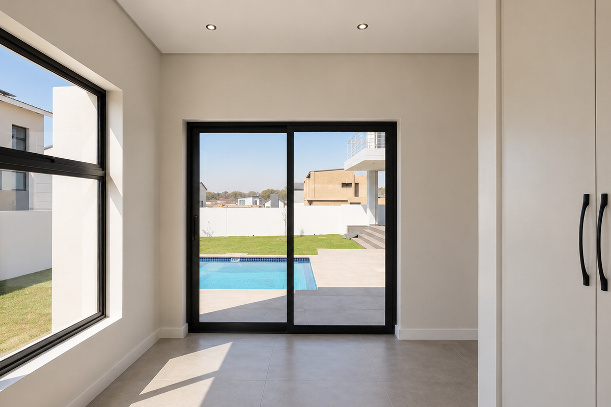 A bright, modern, and empty living space featuring large sliding glass doors that open onto a patio and pool area, with built-in storage.