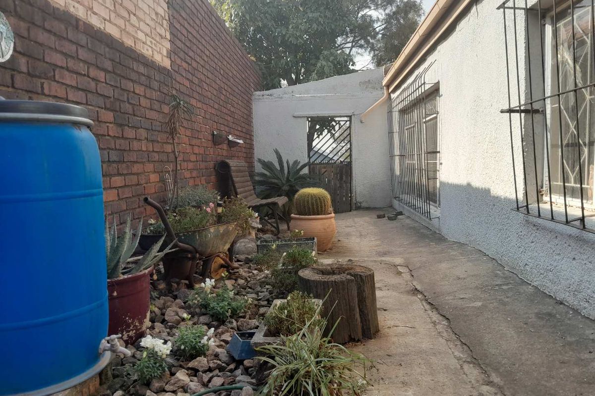 A narrow rear exterior side passage featuring a brick boundary wall, concrete paving, and security bars on the windows.