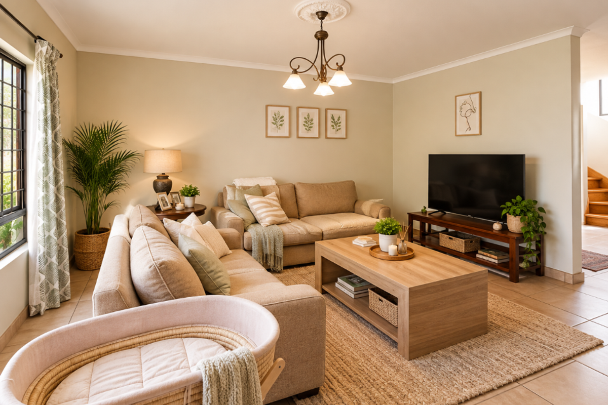 A well-maintained living room featuring neutral wall tones, tiled flooring, a decorative ceiling rose with a chandelier, and natural light from the side window.