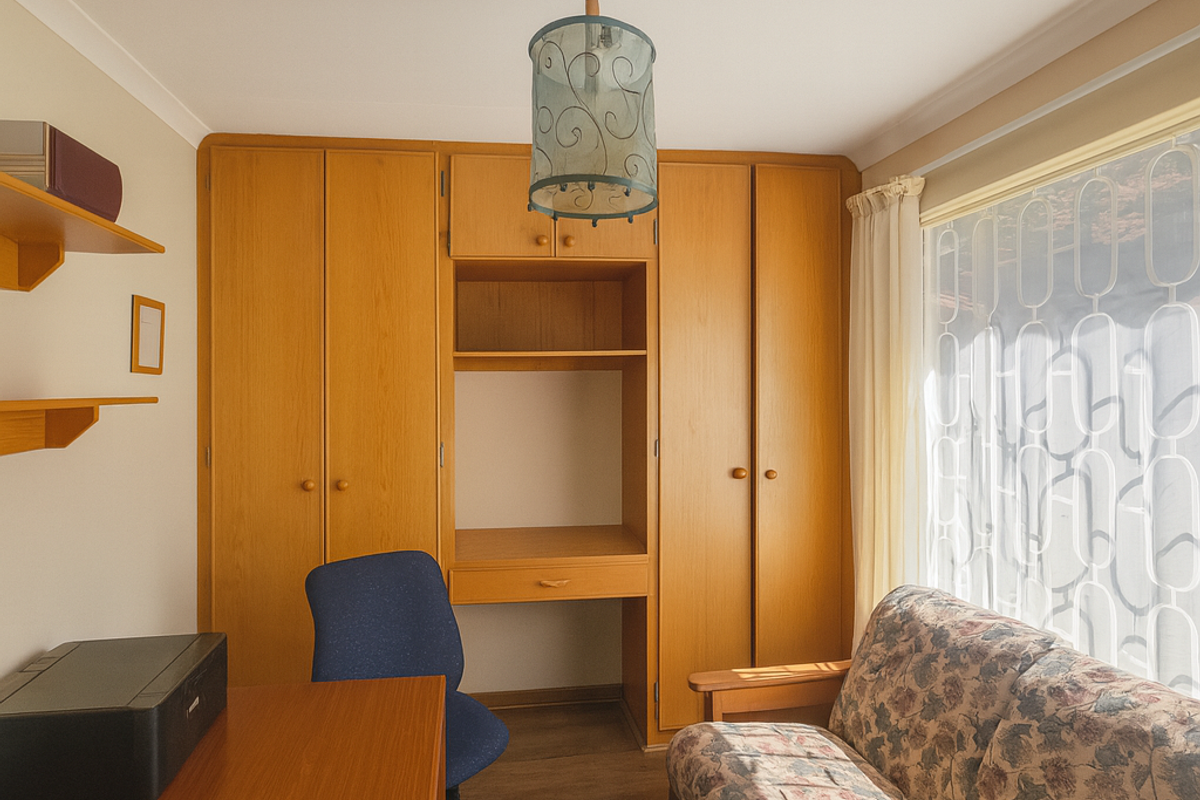 A functional bedroom or home office featuring built-in wooden cabinetry, a desk nook, and large windows with natural light.