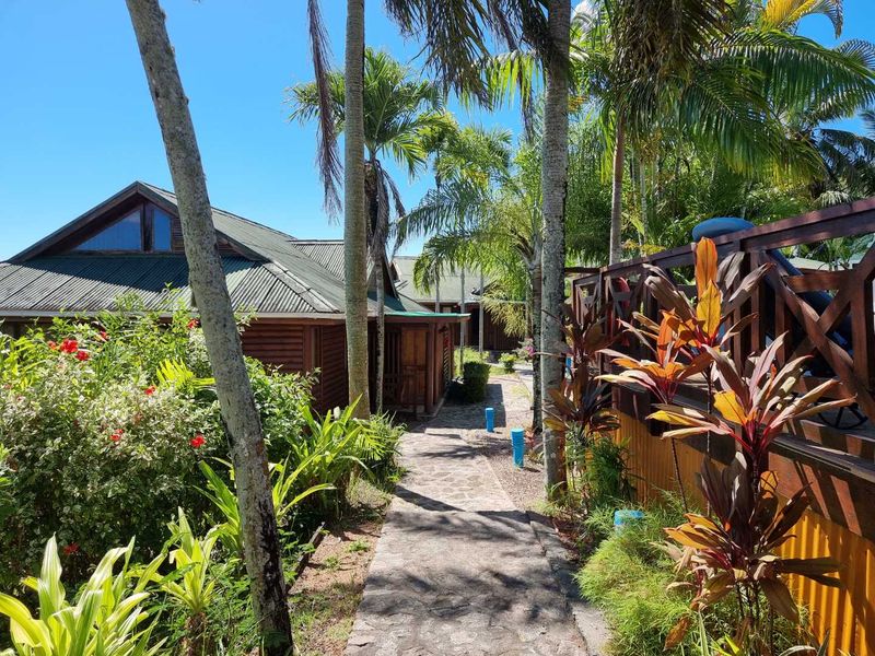 A scenic stone pathway leads through a lush tropical garden between timber-clad commercial structures with corrugated metal roofing.