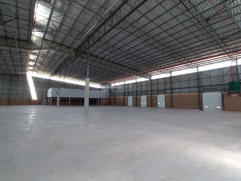Spacious industrial warehouse featuring high ceilings, concrete flooring, multiple roller shutter doors, and an integrated mezzanine level suitable for storage or operations.