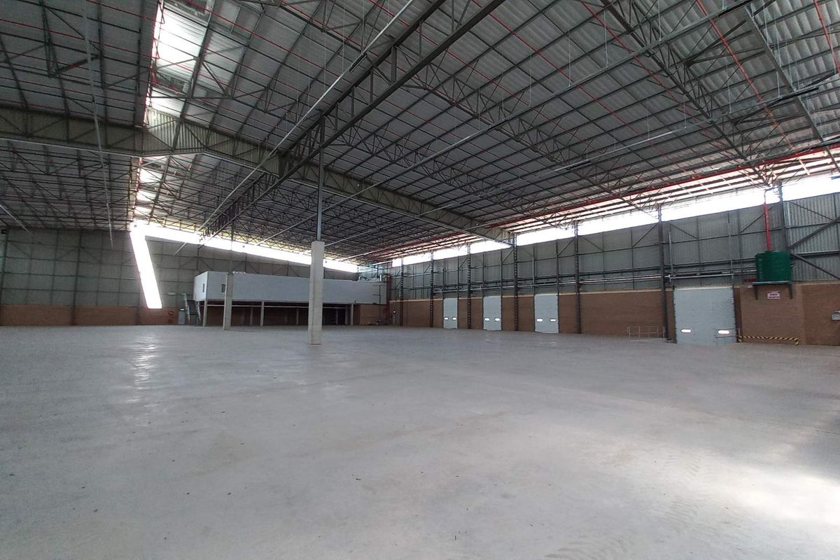 Spacious industrial warehouse featuring high ceilings, concrete flooring, multiple roller shutter doors, and an integrated mezzanine level suitable for storage or operations.