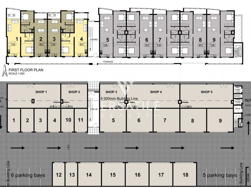 Architectural floor plan showing the layout of retail shops, parking bays, and first-floor units for the commercial property.