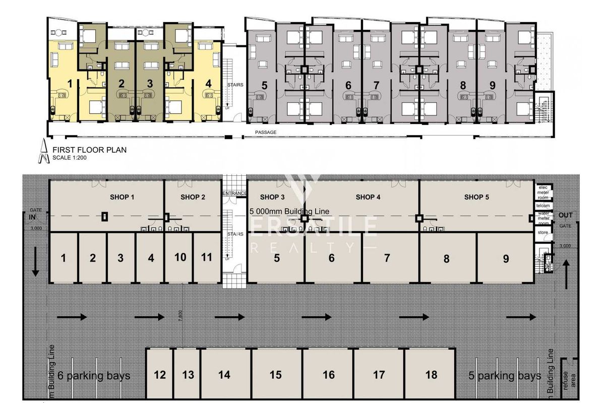 Architectural floor plan showing the layout of retail shops, parking bays, and first-floor units for the commercial property.