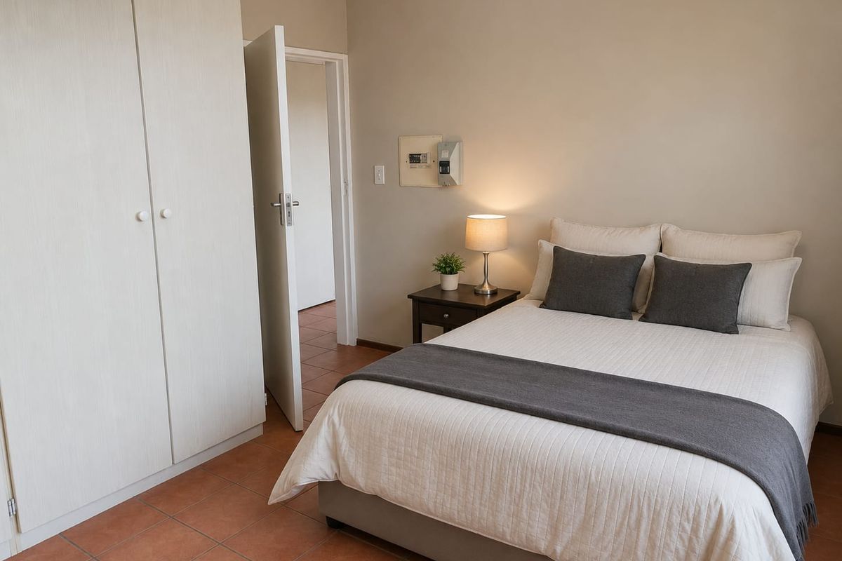 A well-maintained bedroom featuring built-in wardrobes, neutral wall tones, and durable tiled flooring.