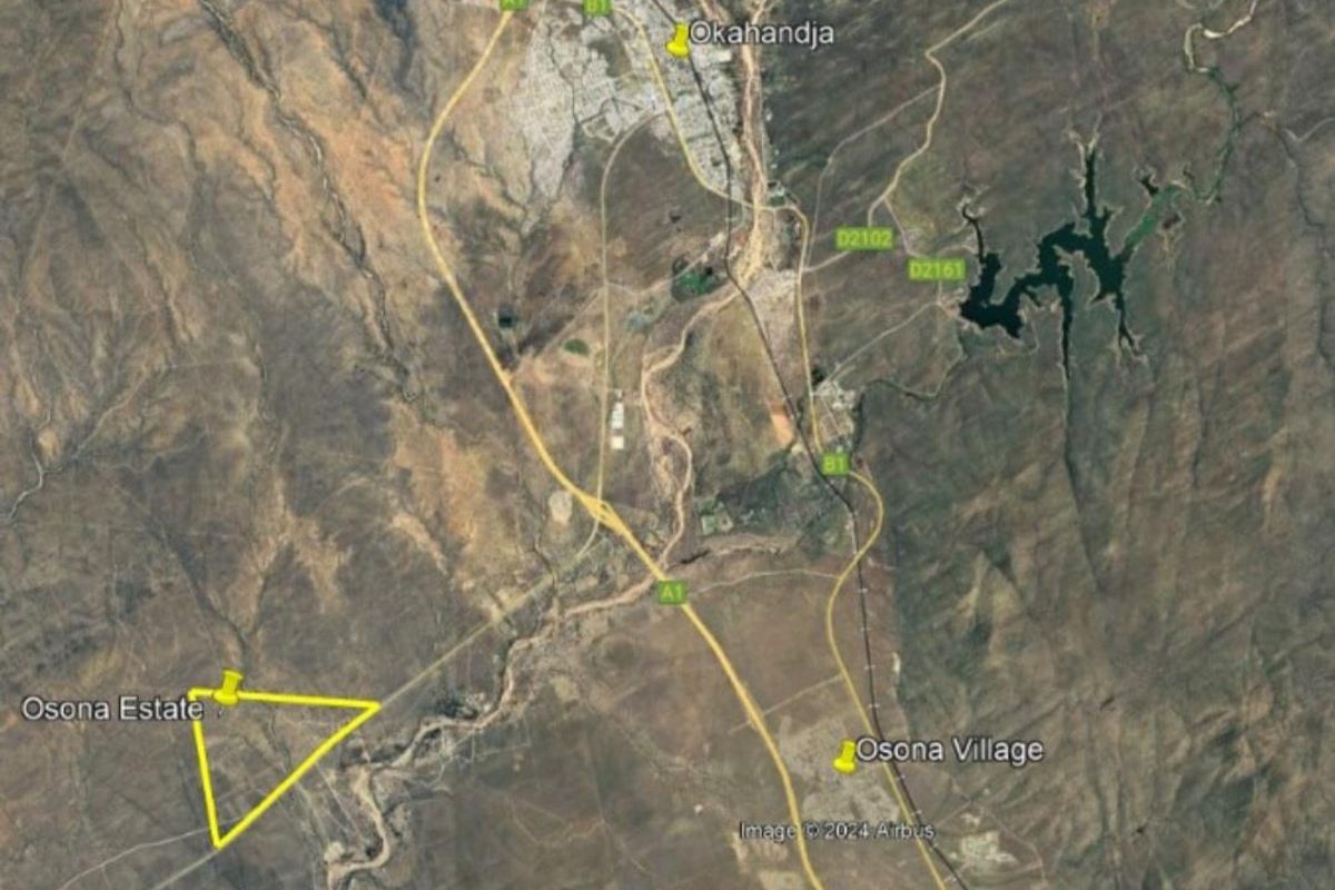 An aerial satellite view showing the location of Osona Estate relative to Okahandja and Osona Village.