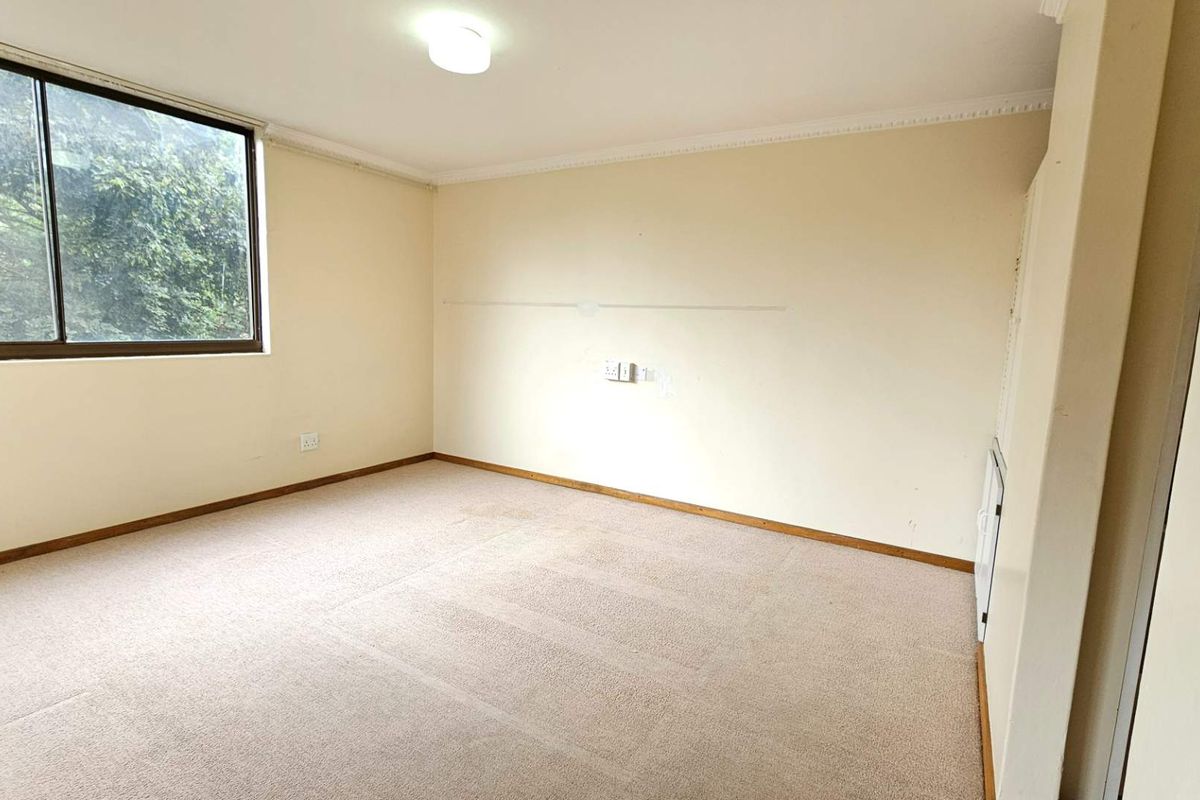 A vacant bedroom featuring neutral wall tones, carpeted flooring, and a large window providing natural light.