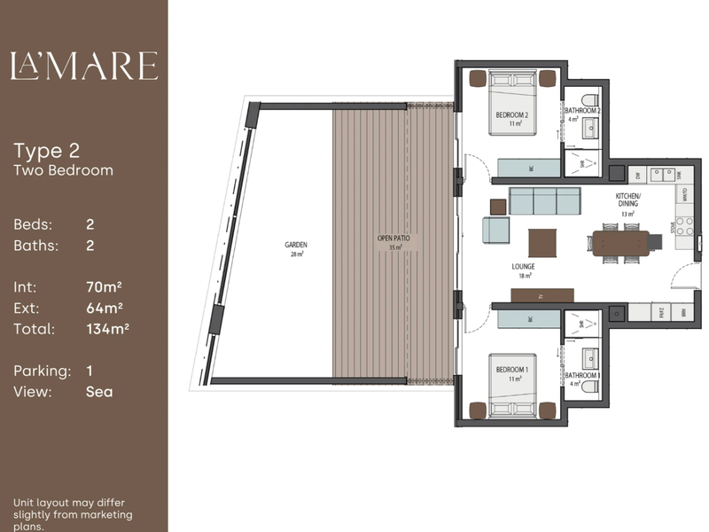 A detailed floor plan for a two-bedroom, two-bathroom apartment featuring an open-plan living area, private garden, and open patio.