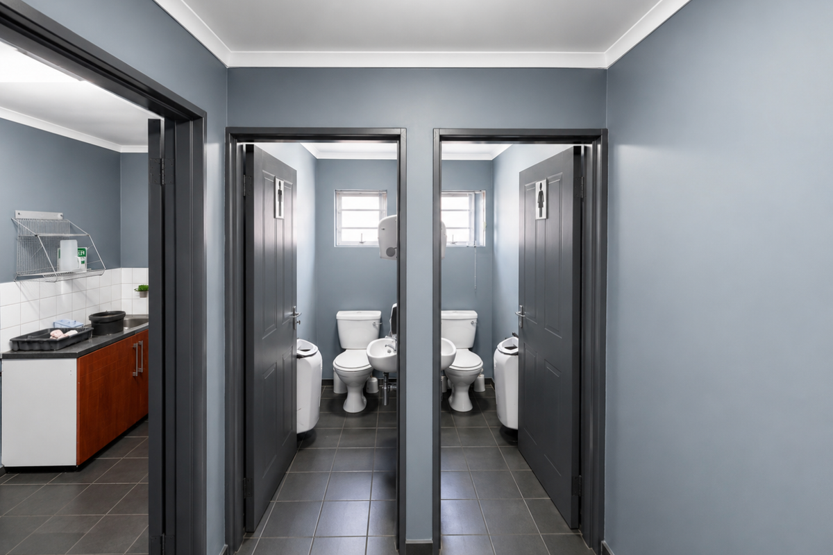 A clean, modern industrial restroom facility featuring dual private toilet cubicles and a separate wash-up area with cabinetry.