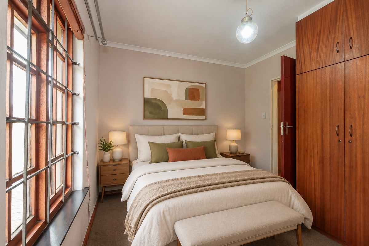 A well-maintained bedroom featuring built-in wooden cupboards, a large wooden-framed window, and neutral wall finishes.