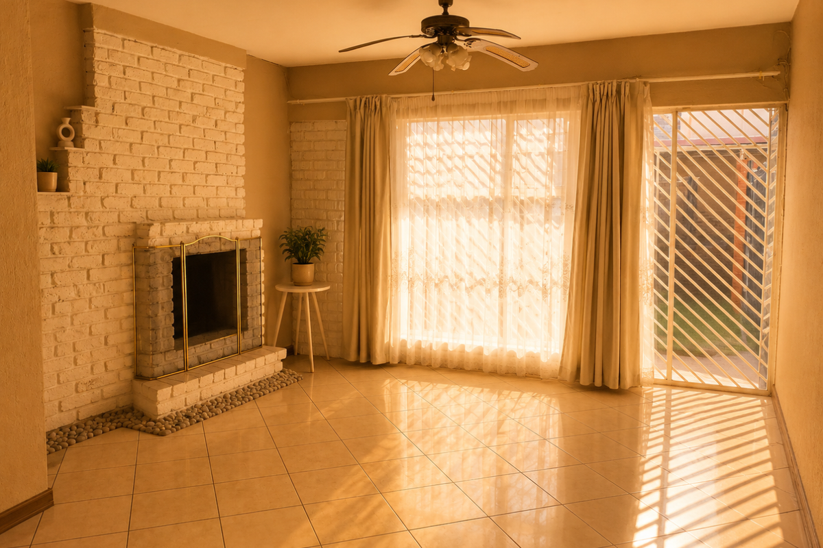 Spacious living room featuring a classic brick fireplace, tiled flooring, and direct access to the exterior through a sliding door with a security gate.