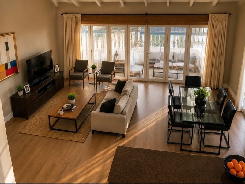 Spacious open-plan living and dining area featuring laminate flooring, exposed beam ceilings, and large folding glass doors leading to a private balcony.